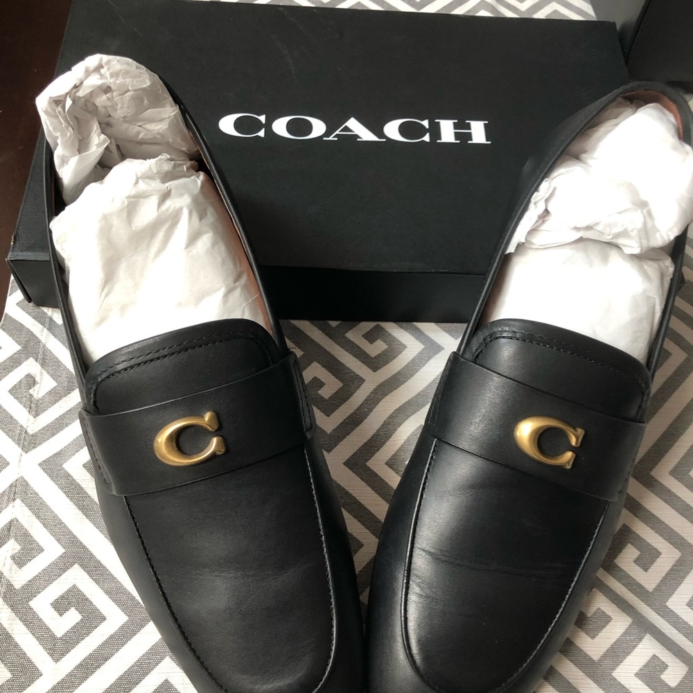 Coach Black Leather Slip-On Loafers with Gold Accent
